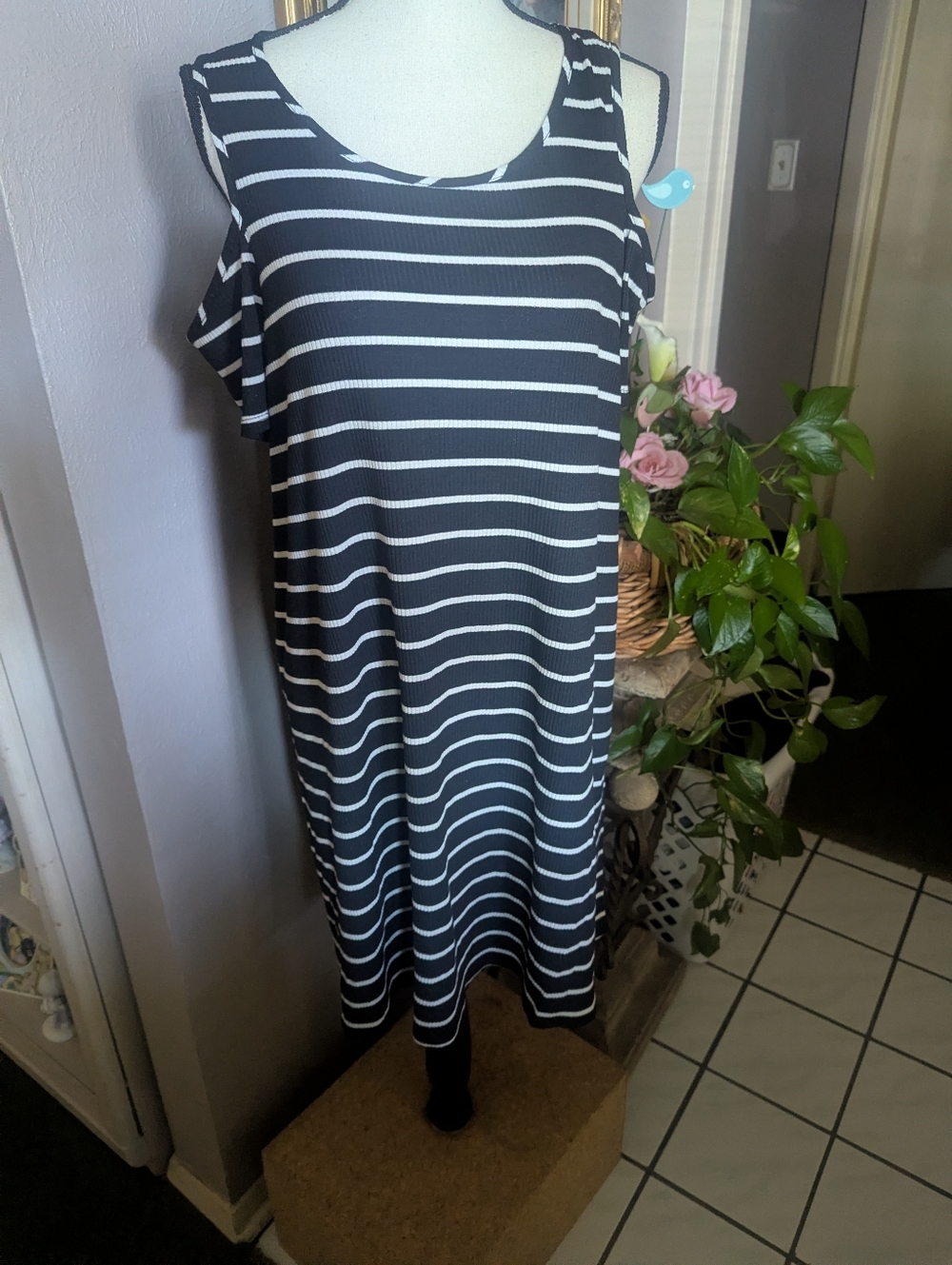 Maurice's Black and white striped, cold shoulder style.